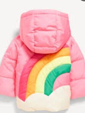 Old Navy Baby Girl Pink Puffer Jacket Rainbow Detail Hooded Coat 6-12 Months NWT